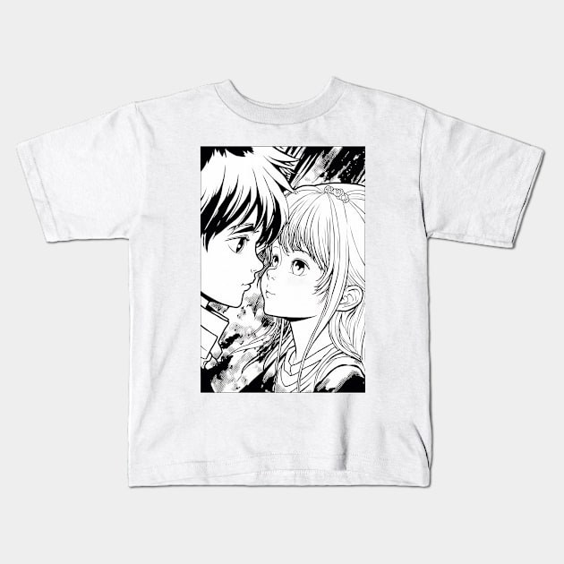 Cute Manga Sweethearts Couple in Black and white Kids T-Shirt by kansaikate